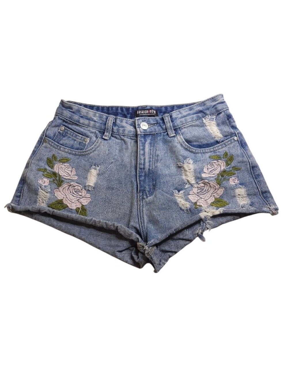 Fashion Nova Distressed Denim Shorts S Floral Embroidery Frayed Hem Short Shorts